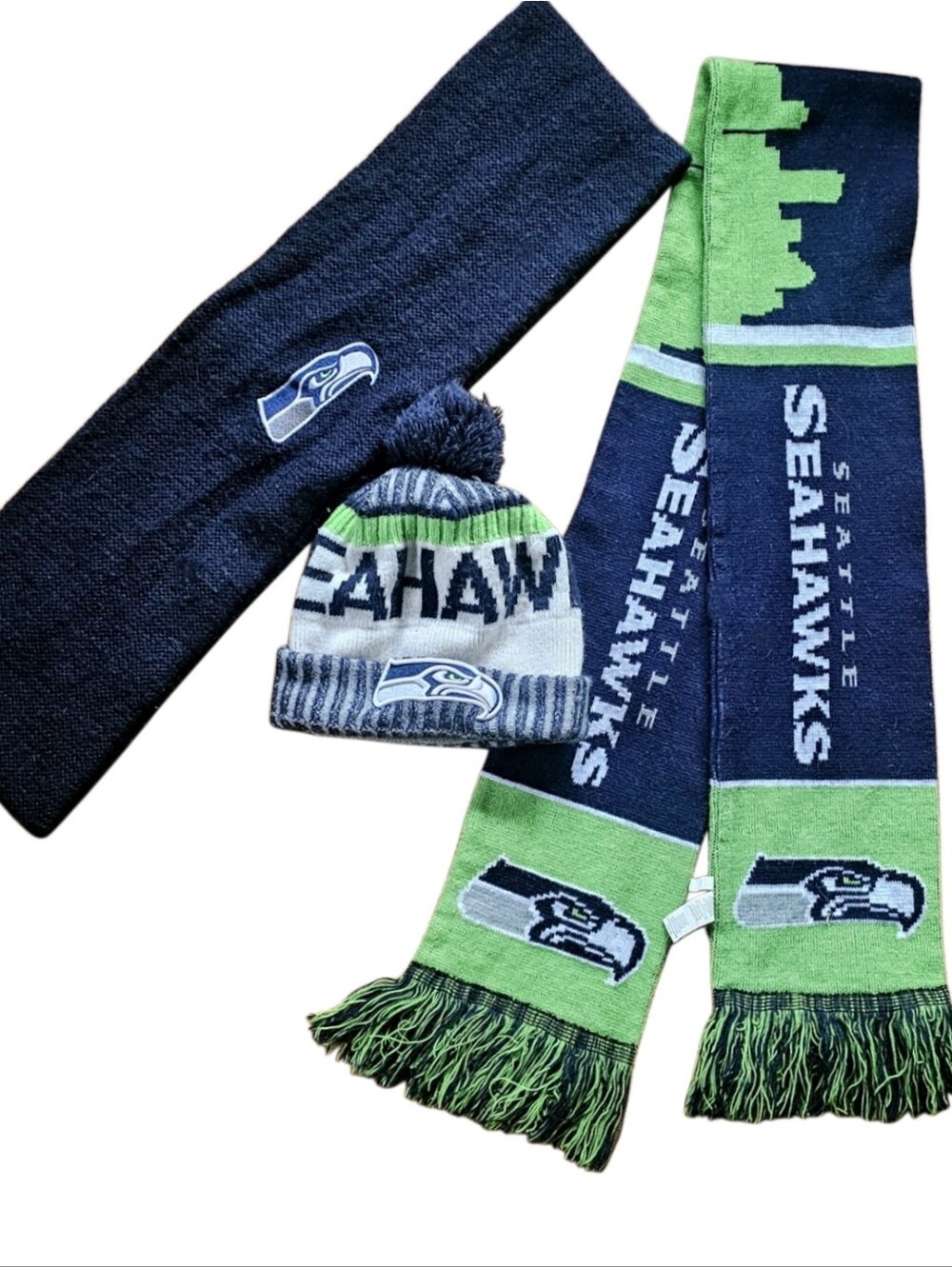 Seattle Seahawks 3PC NFL Green & Blue Scarf, Infinity Scarf & Pom Beanie Hat